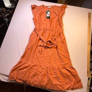 BRIGGS Women's Rust Linen Blend Dress Elastic Waist Ruffle Hem XL New With Tags